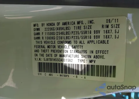 2012 Acura Rdx z USA, uszkodzony, nr VIN 5J8TB1H55CA001562
